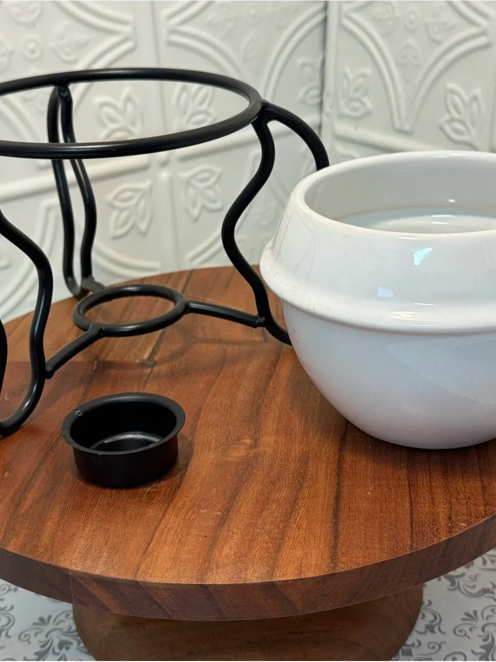 White Ceramic Fondue Pot with Black Metal Stand